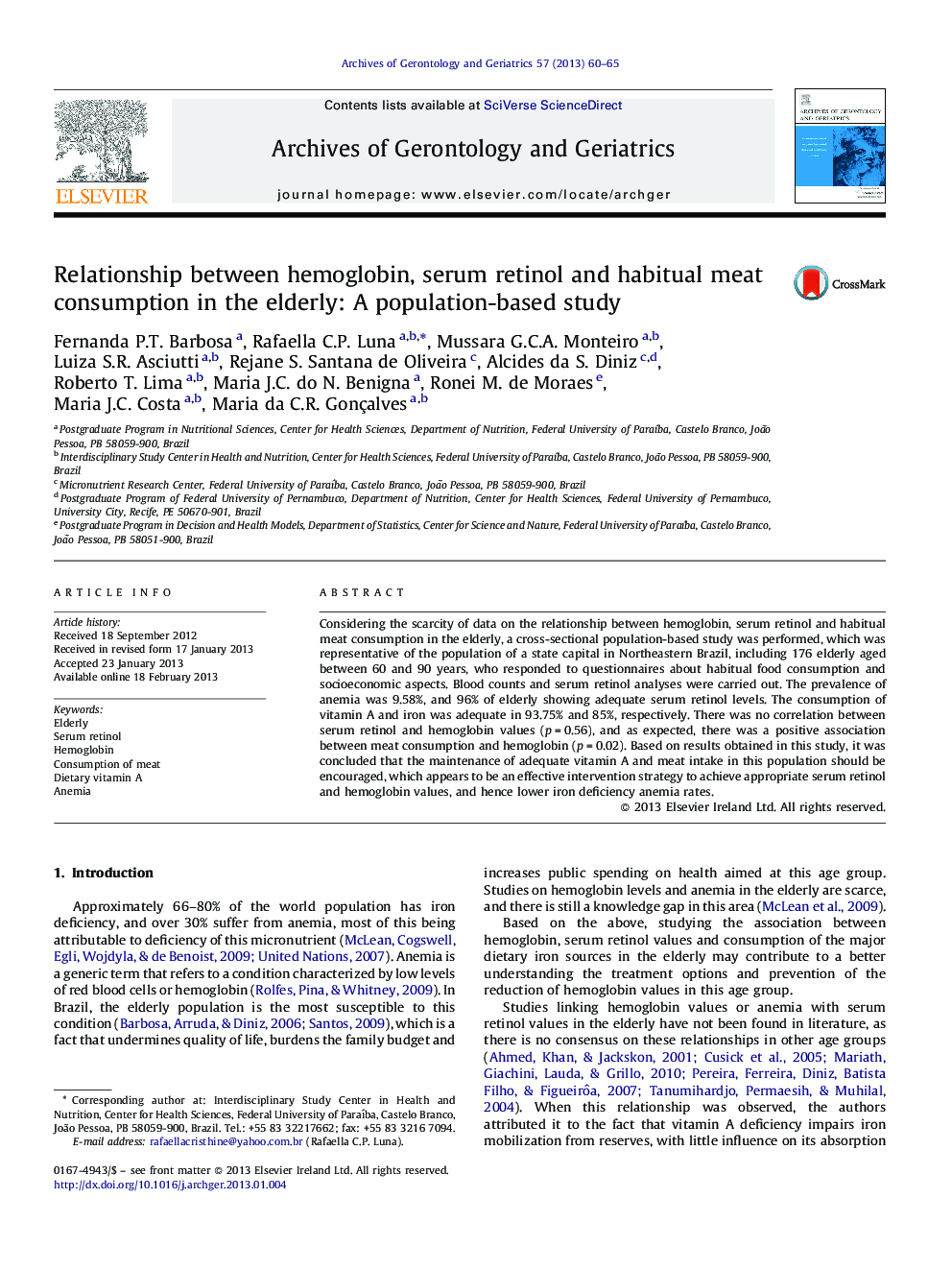 Relationship between hemoglobin, serum retinol and habitual meat consumption in the elderly: A population-based study