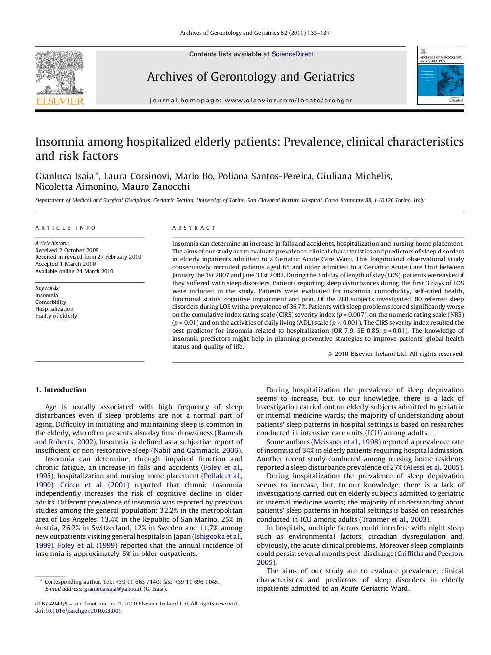 Insomnia among hospitalized elderly patients: Prevalence, clinical characteristics and risk factors