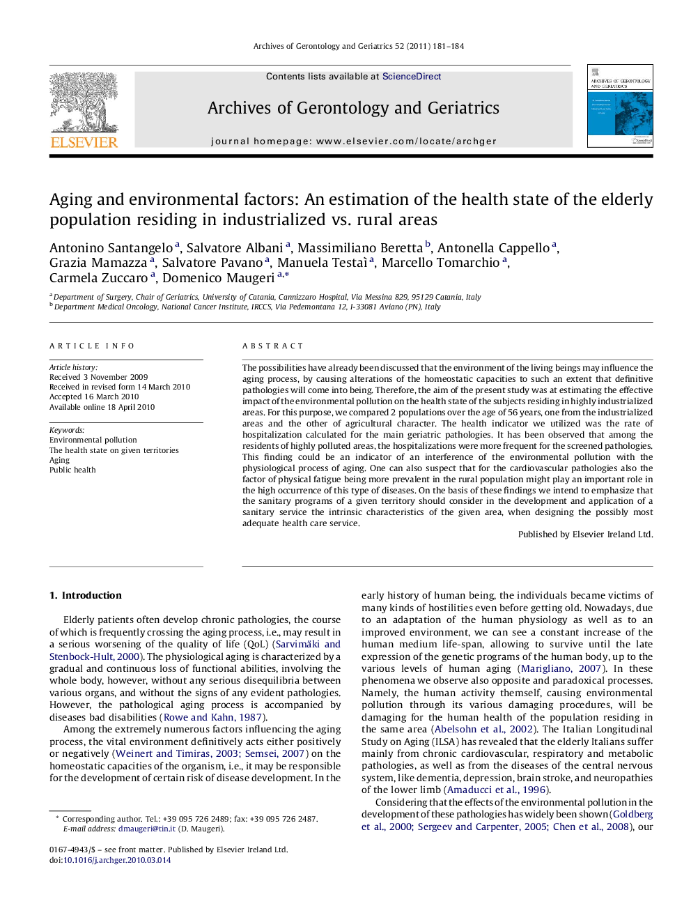 Aging and environmental factors: An estimation of the health state of the elderly population residing in industrialized vs. rural areas