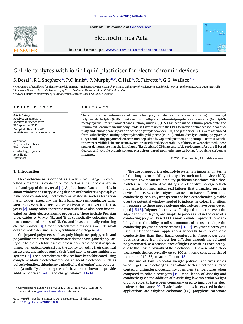 عکس صفحه اول مقاله: Gel electrolytes with ionic liquid plasticiser for electrochromic devices Gel electrolytes with ionic liquid plasticiser for electrochromic devices