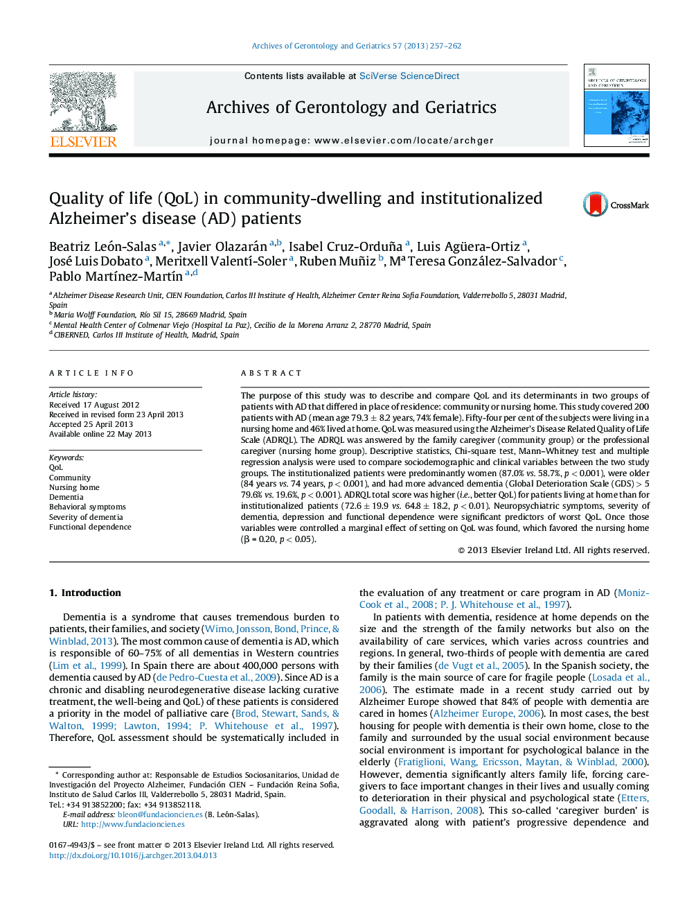 Quality of life (QoL) in community-dwelling and institutionalized Alzheimer's disease (AD) patients