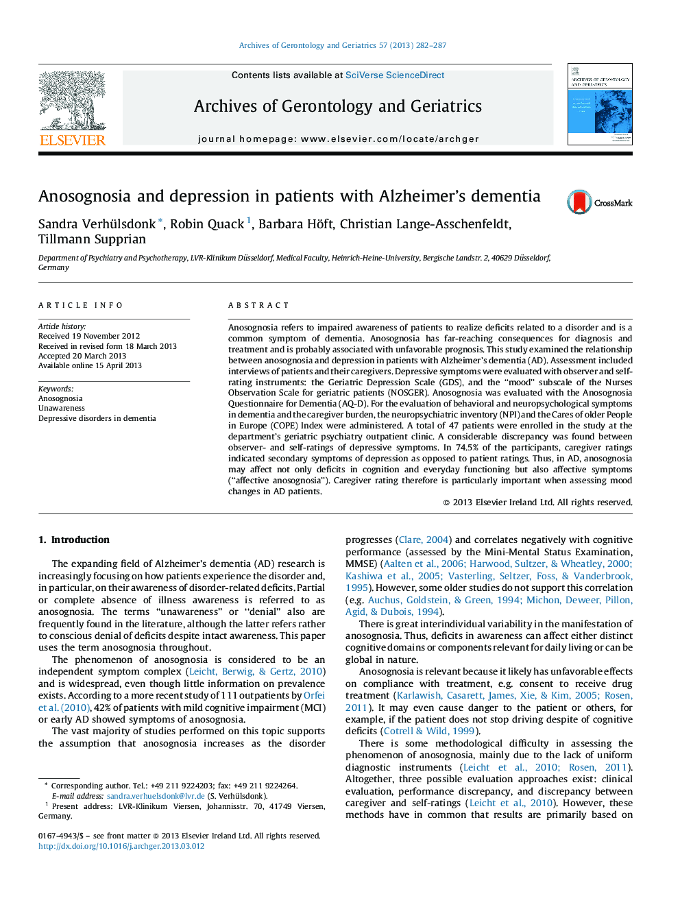 Anosognosia and depression in patients with Alzheimer's dementia