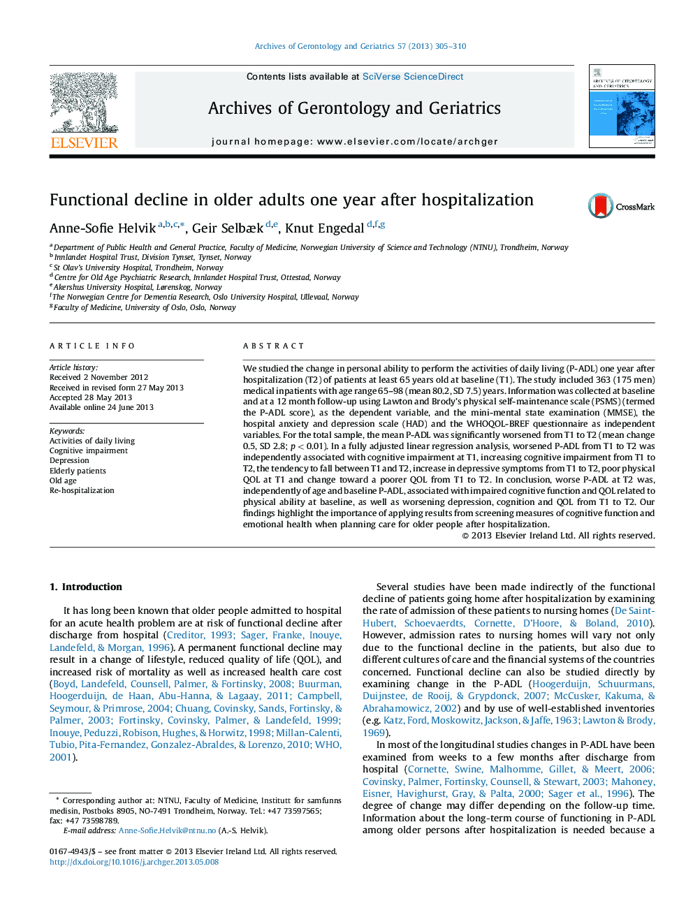 Functional decline in older adults one year after hospitalization