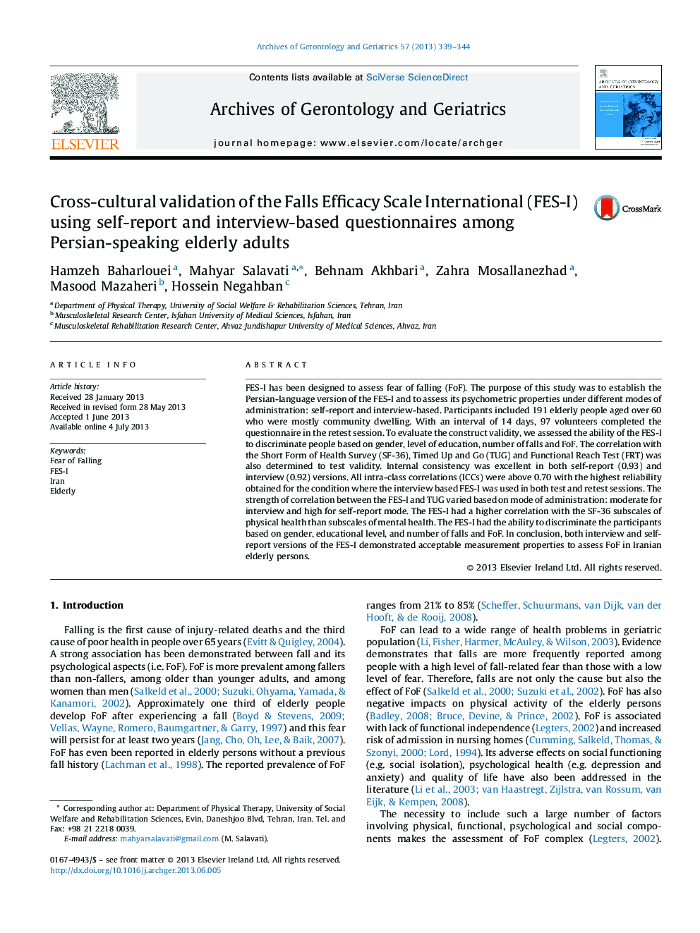 Cross-cultural validation of the Falls Efficacy Scale International (FES-I) using self-report and interview-based questionnaires among Persian-speaking elderly adults