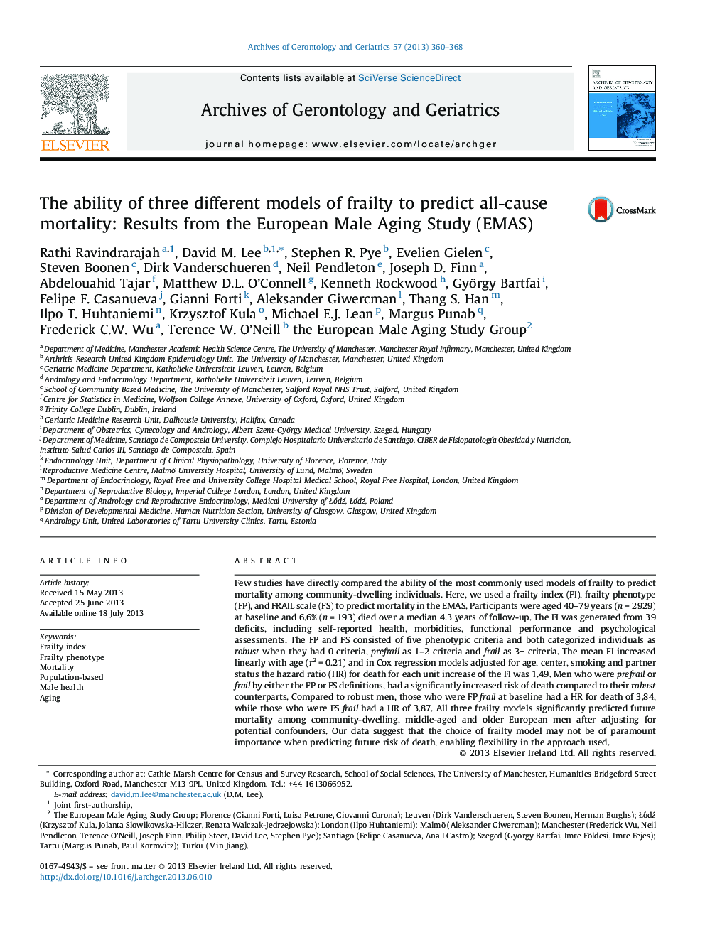 The ability of three different models of frailty to predict all-cause mortality: Results from the European Male Aging Study (EMAS)