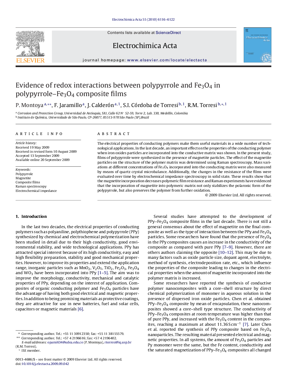 Evidence of redox interactions between polypyrrole and Fe3O4 in polypyrrole–Fe3O4 composite films