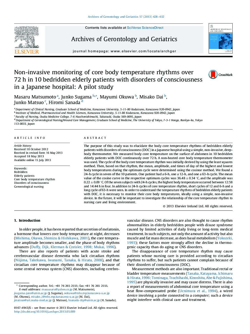 Non-invasive monitoring of core body temperature rhythms over 72 h in 10 bedridden elderly patients with disorders of consciousness in a Japanese hospital: A pilot study