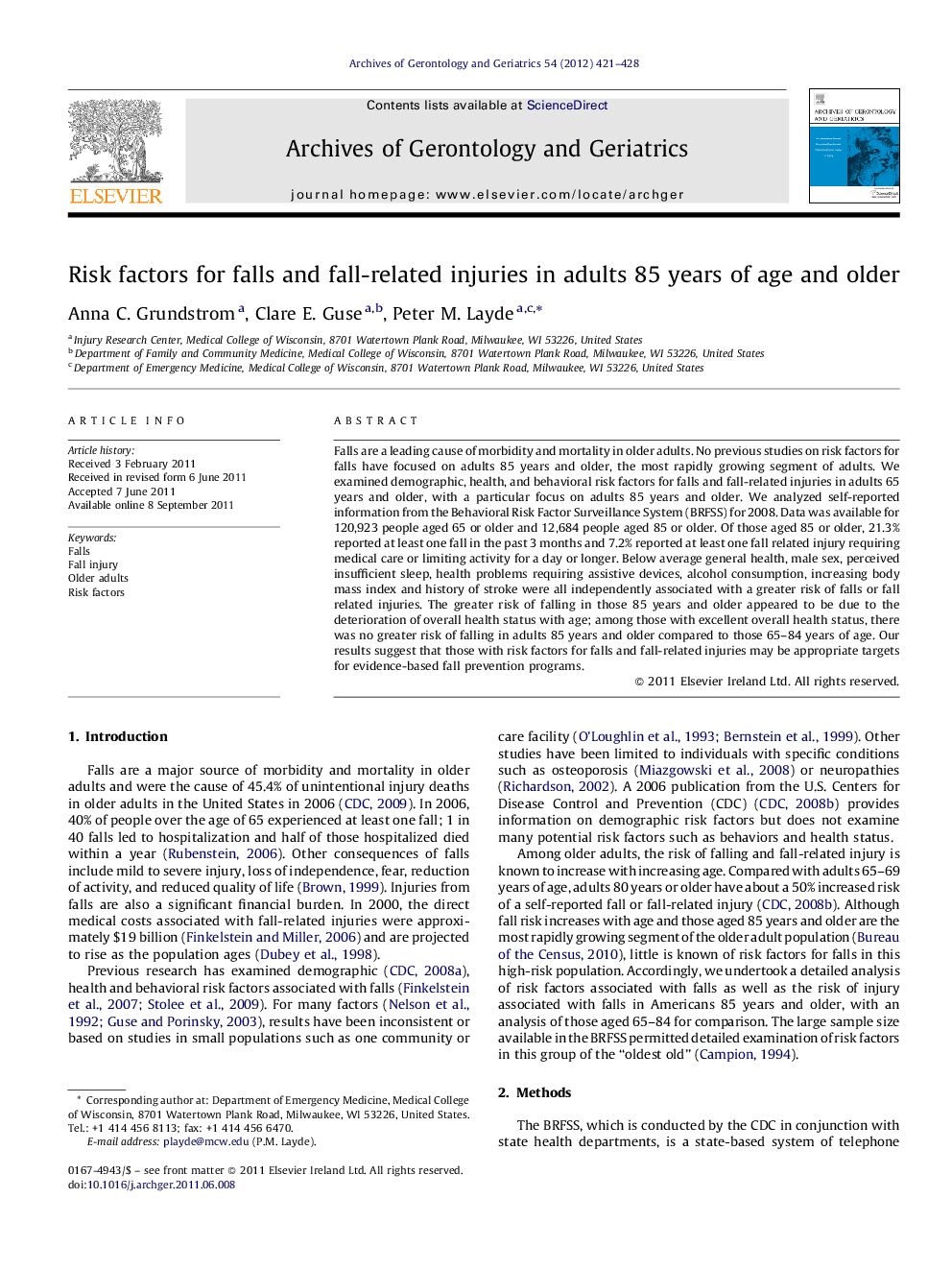 Risk factors for falls and fall-related injuries in adults 85 years of age and older