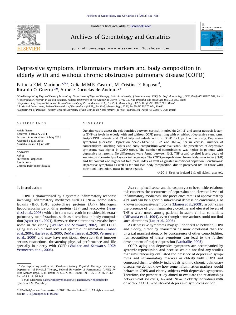 Depressive symptoms, inflammatory markers and body composition in elderly with and without chronic obstructive pulmonary disease (COPD)