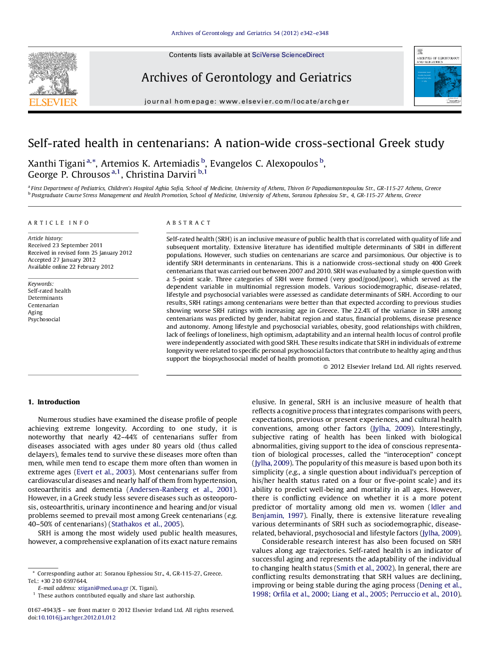 Self-rated health in centenarians: A nation-wide cross-sectional Greek study