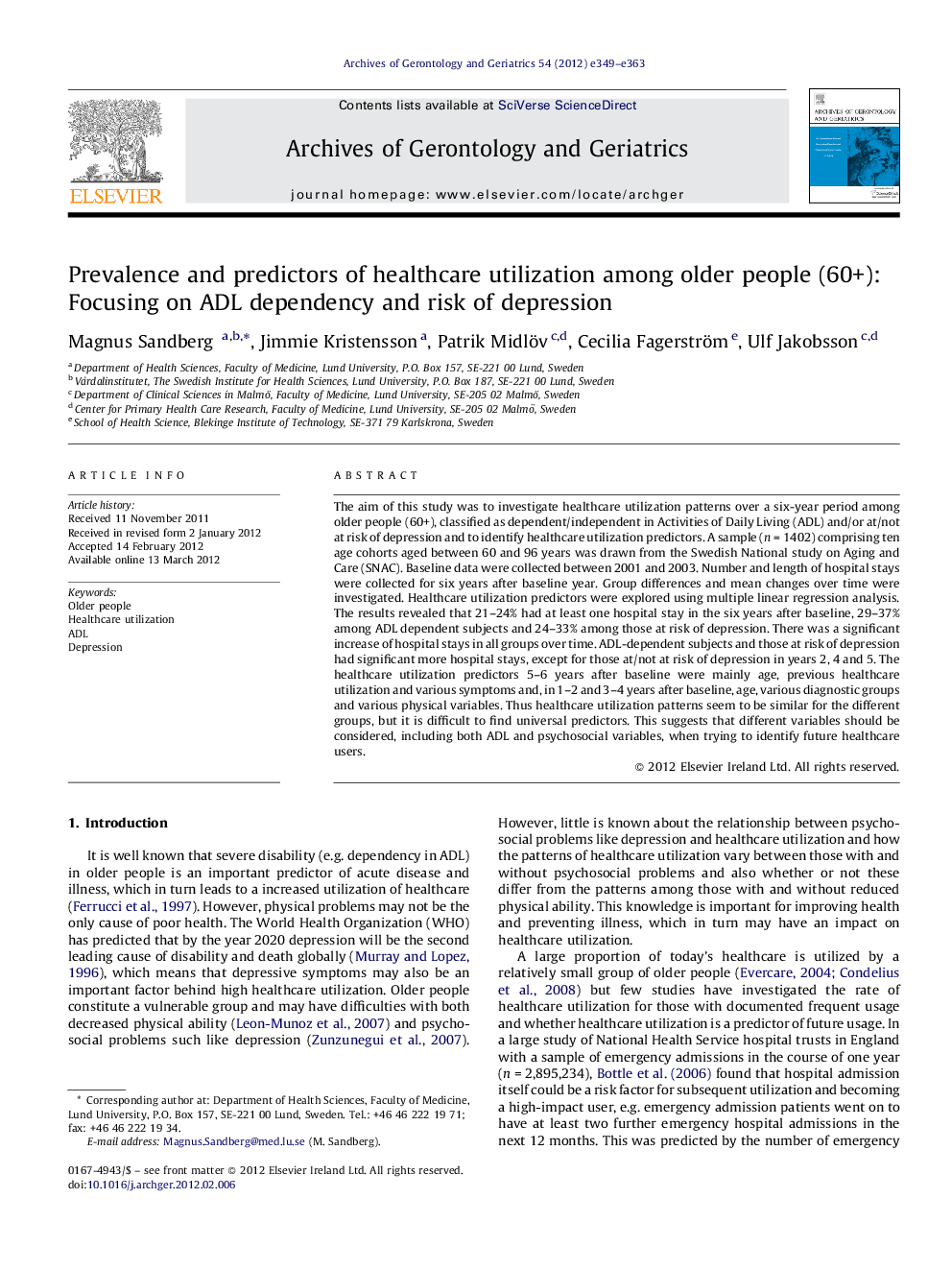 Prevalence and predictors of healthcare utilization among older people (60+): Focusing on ADL dependency and risk of depression