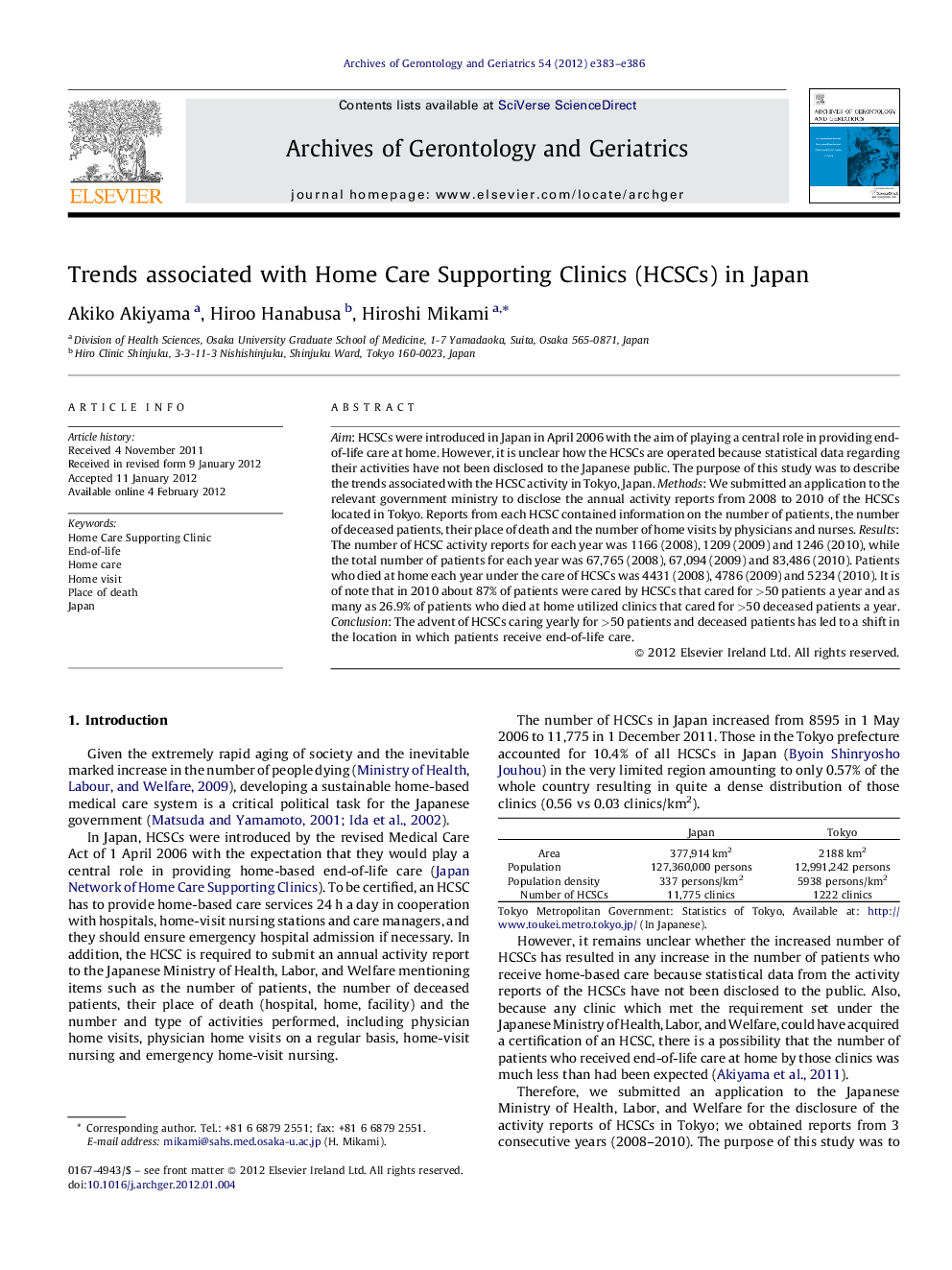 Trends associated with Home Care Supporting Clinics (HCSCs) in Japan