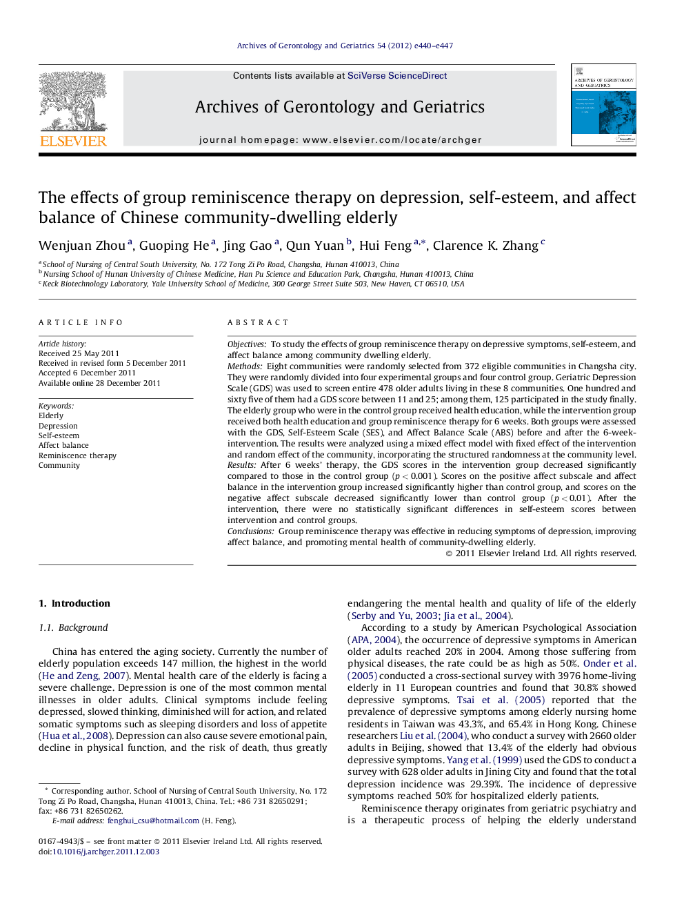 The effects of group reminiscence therapy on depression, self-esteem, and affect balance of Chinese community-dwelling elderly