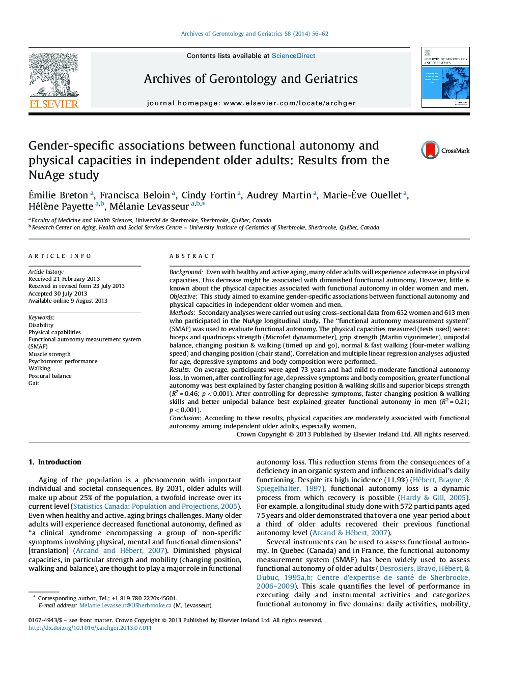 Gender-specific associations between functional autonomy and physical capacities in independent older adults: Results from the NuAge study