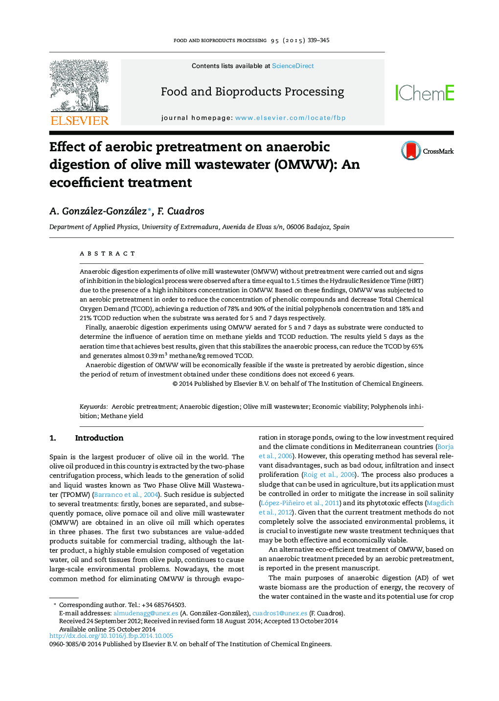 Effect of aerobic pretreatment on anaerobic digestion of olive mill wastewater (OMWW): An ecoefficient treatment