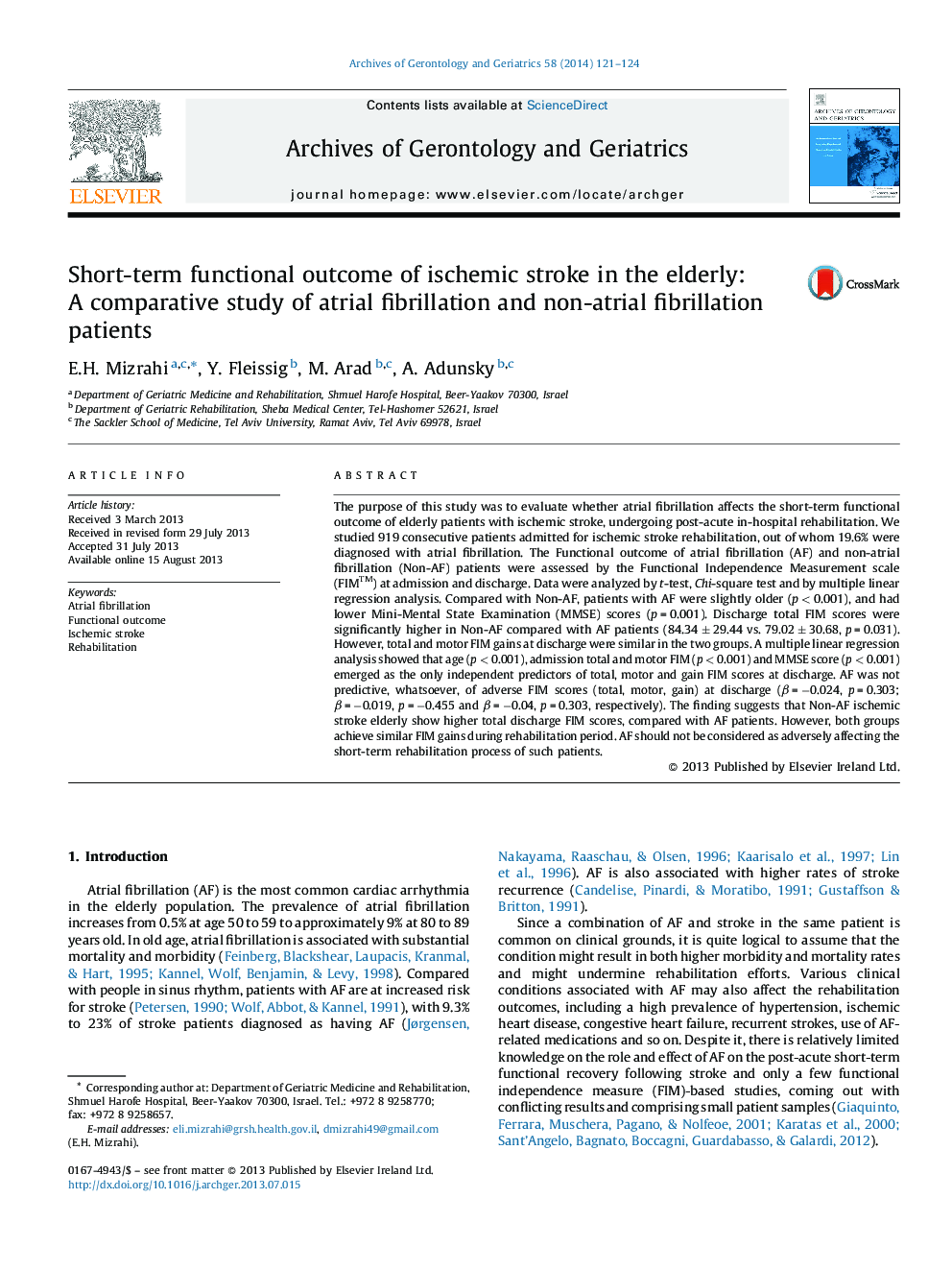 Short-term functional outcome of ischemic stroke in the elderly: A comparative study of atrial fibrillation and non-atrial fibrillation patients