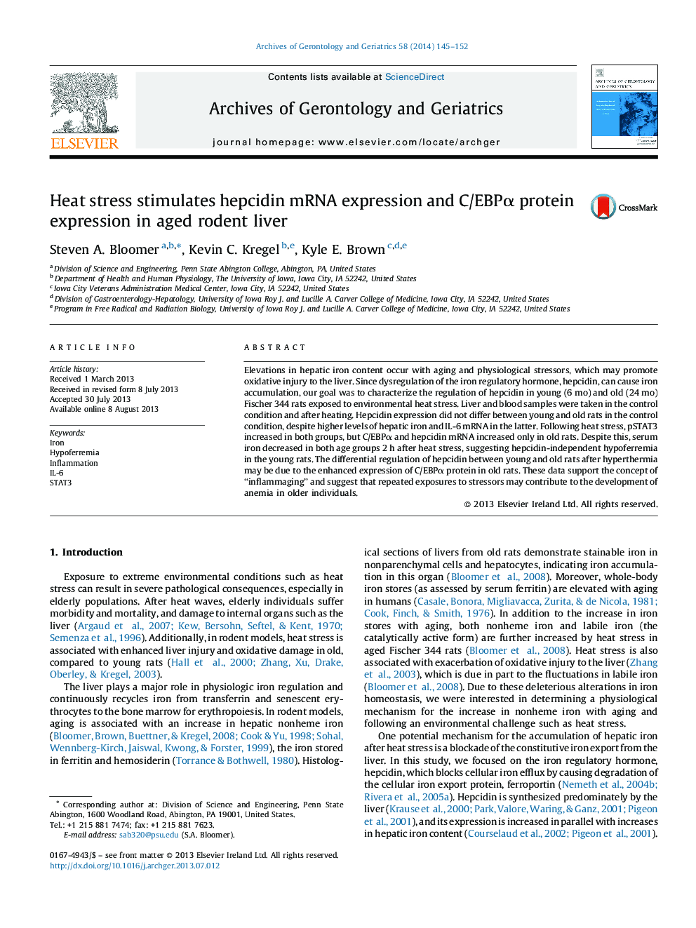 Heat stress stimulates hepcidin mRNA expression and C/EBPα protein expression in aged rodent liver