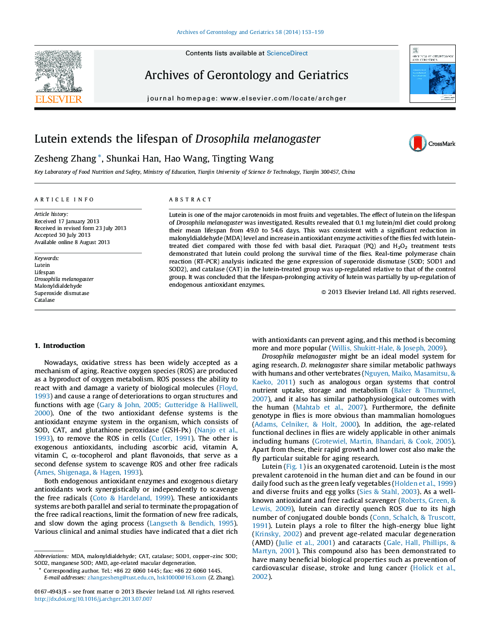 Lutein extends the lifespan of Drosophila melanogaster