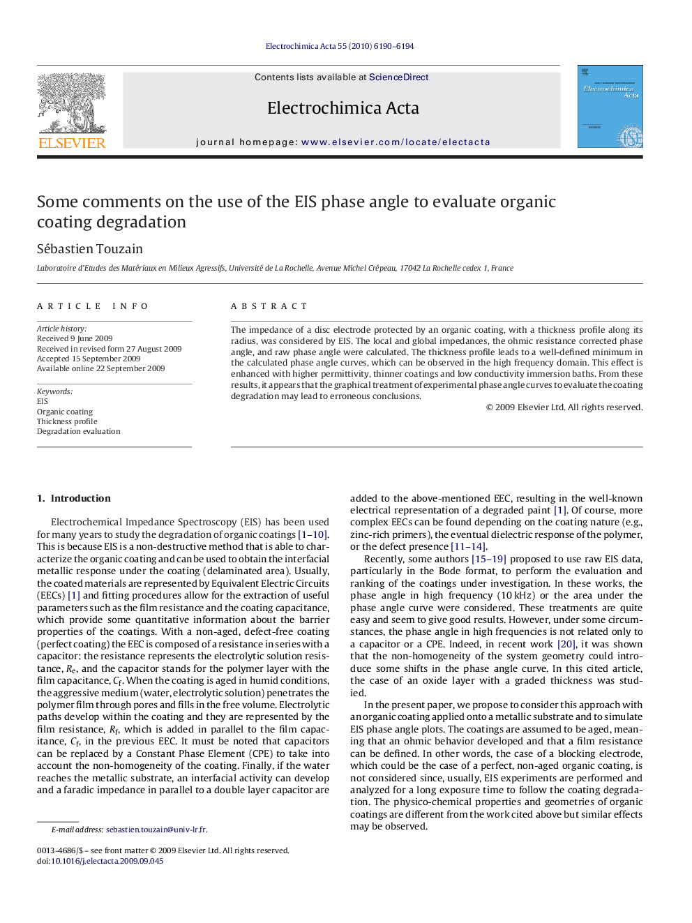 Some comments on the use of the EIS phase angle to evaluate organic coating degradation