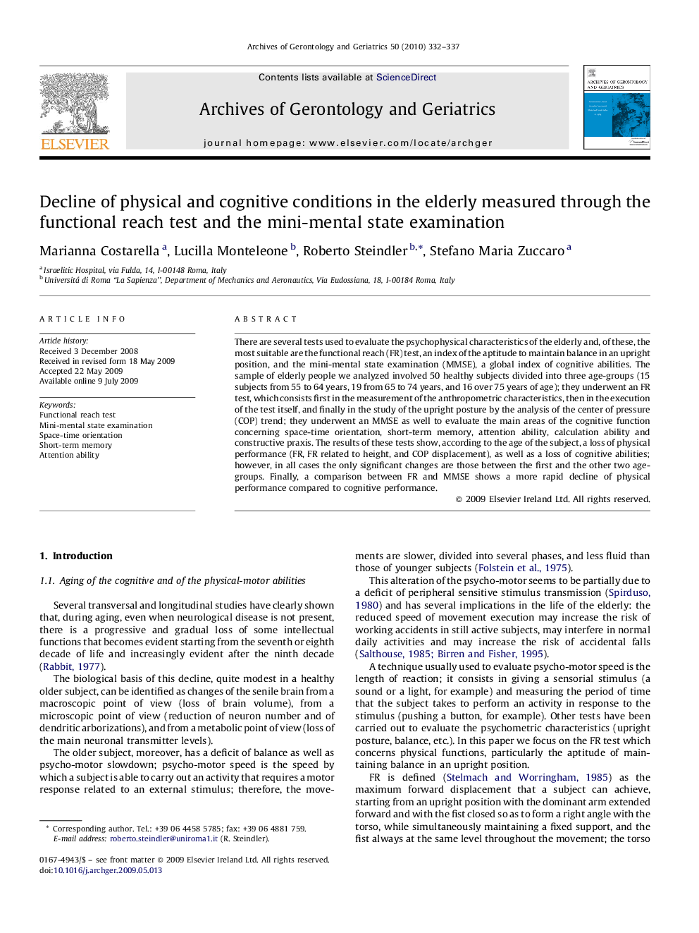 Decline of physical and cognitive conditions in the elderly measured through the functional reach test and the mini-mental state examination