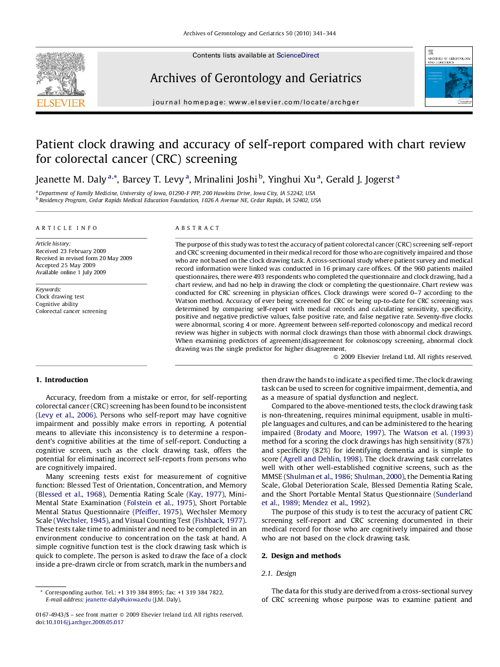 Patient clock drawing and accuracy of self-report compared with chart review for colorectal cancer (CRC) screening