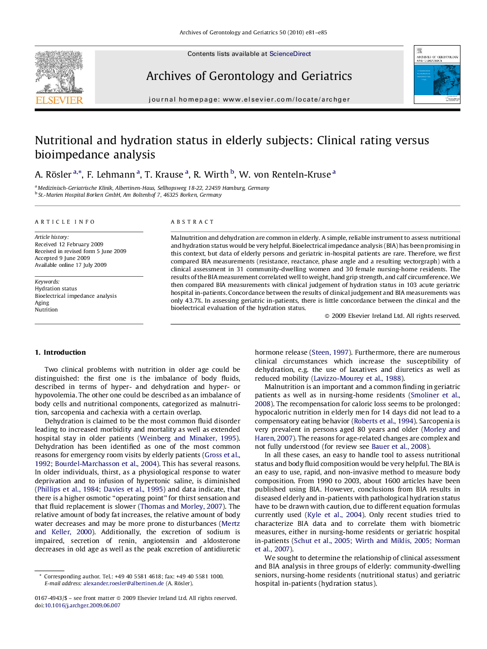 Nutritional and hydration status in elderly subjects: Clinical rating versus bioimpedance analysis