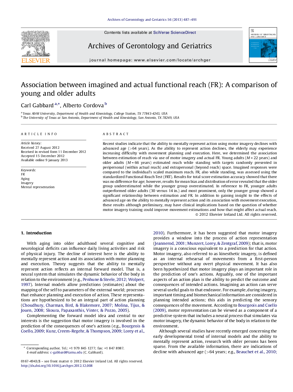 Association between imagined and actual functional reach (FR): A comparison of young and older adults