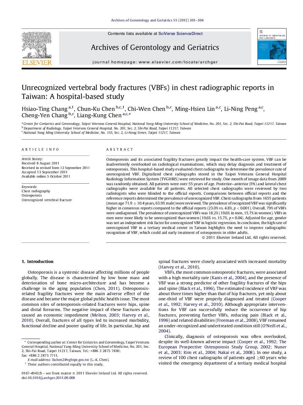 Unrecognized vertebral body fractures (VBFs) in chest radiographic reports in Taiwan: A hospital-based study