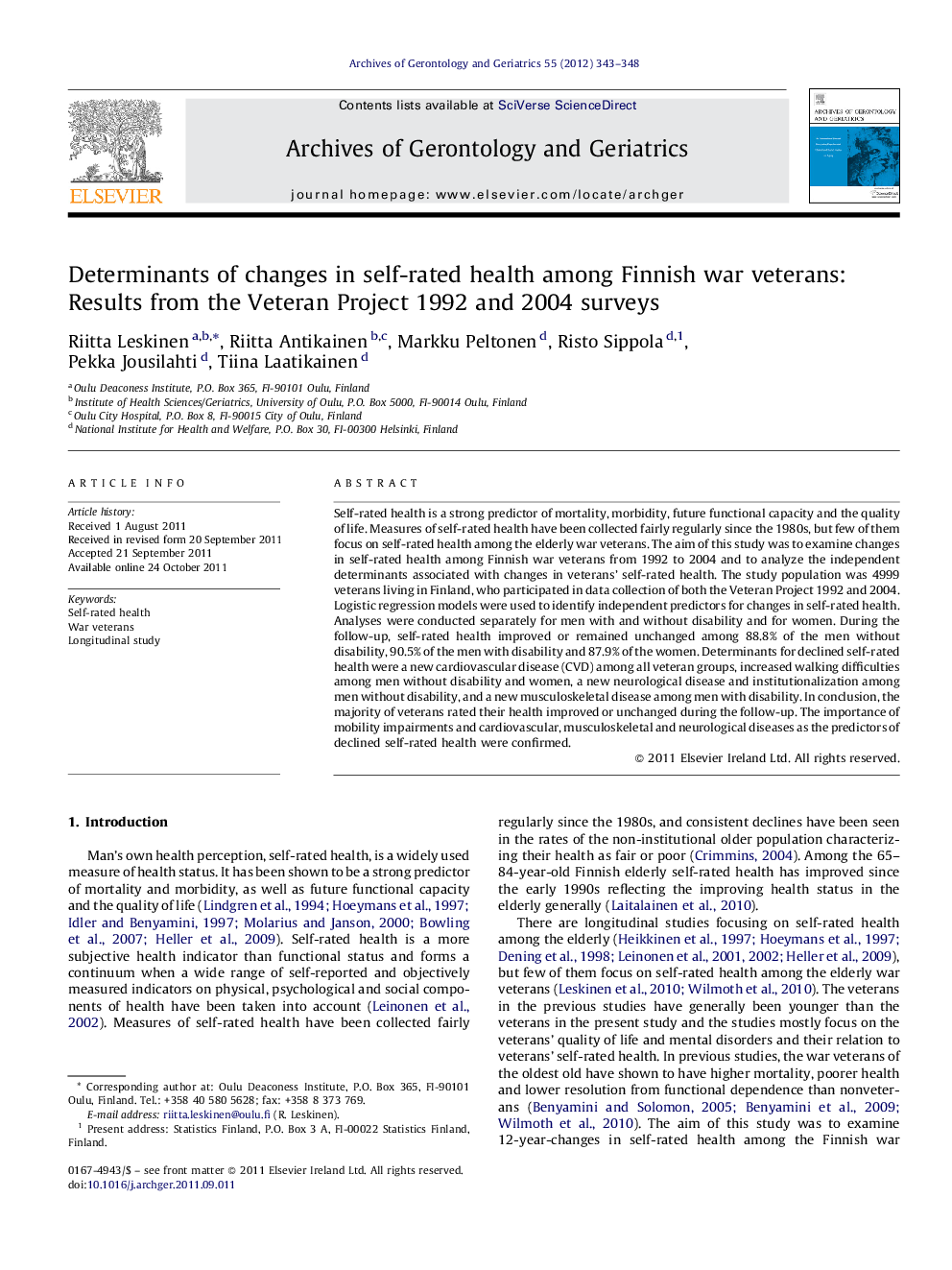 Determinants of changes in self-rated health among Finnish war veterans: Results from the Veteran Project 1992 and 2004 surveys