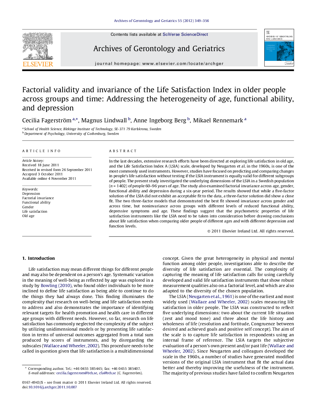 Factorial validity and invariance of the Life Satisfaction Index in older people across groups and time: Addressing the heterogeneity of age, functional ability, and depression