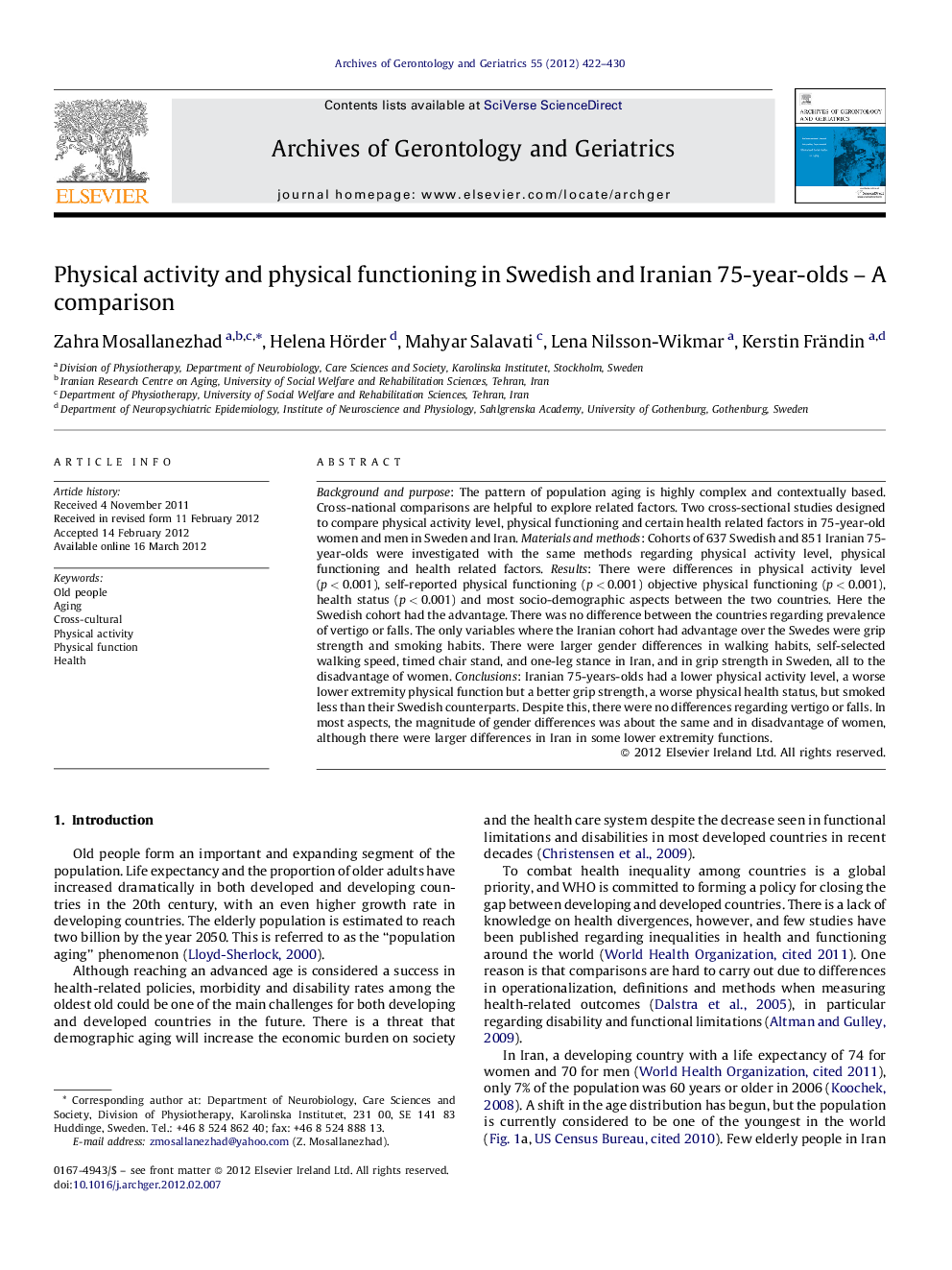 Physical activity and physical functioning in Swedish and Iranian 75-year-olds – A comparison