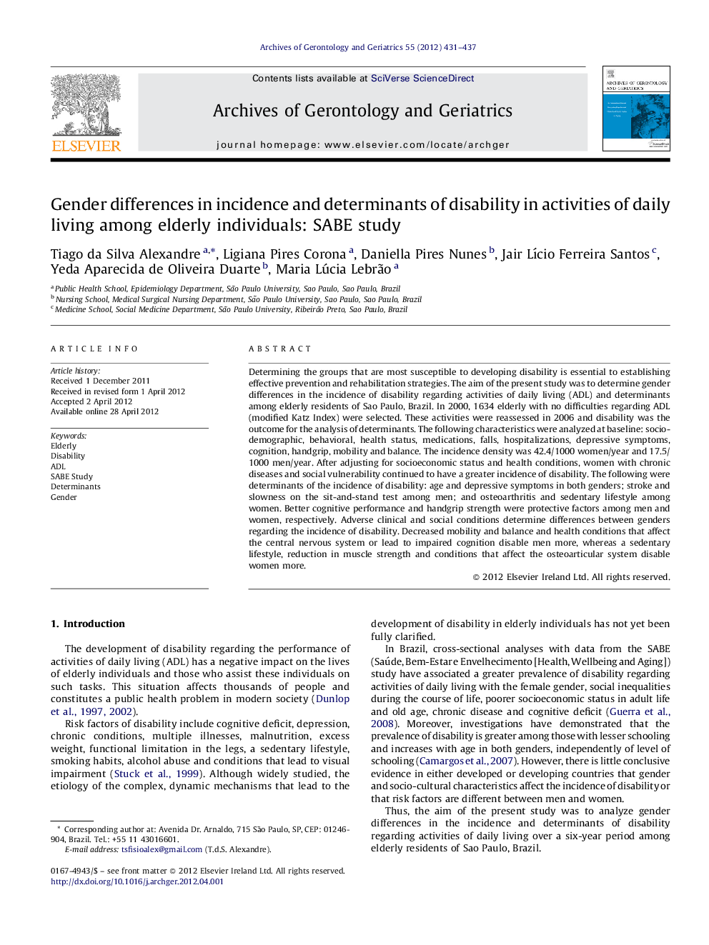 Gender differences in incidence and determinants of disability in activities of daily living among elderly individuals: SABE study