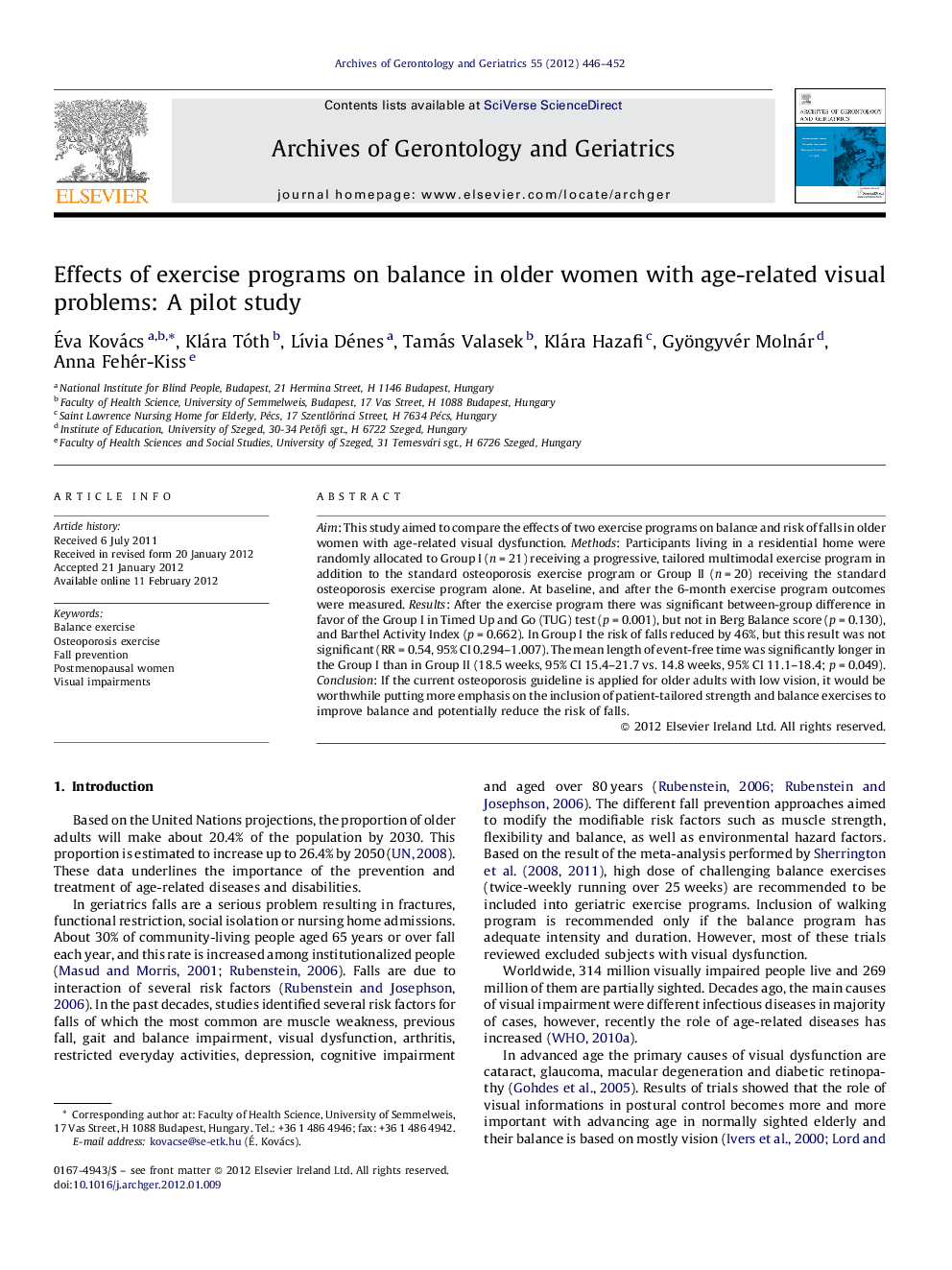 Effects of exercise programs on balance in older women with age-related visual problems: A pilot study