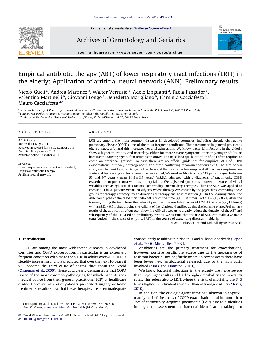 Empirical antibiotic therapy (ABT) of lower respiratory tract infections (LRTI) in the elderly: Application of artificial neural network (ANN). Preliminary results