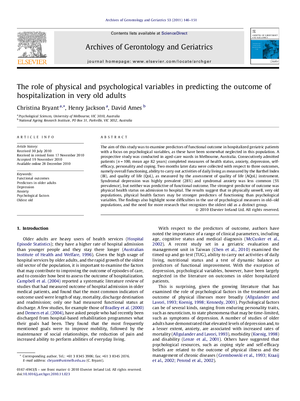 The role of physical and psychological variables in predicting the outcome of hospitalization in very old adults