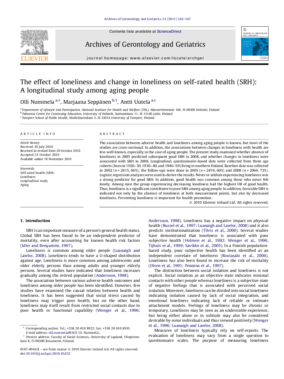The effect of loneliness and change in loneliness on self-rated health (SRH): A longitudinal study among aging people