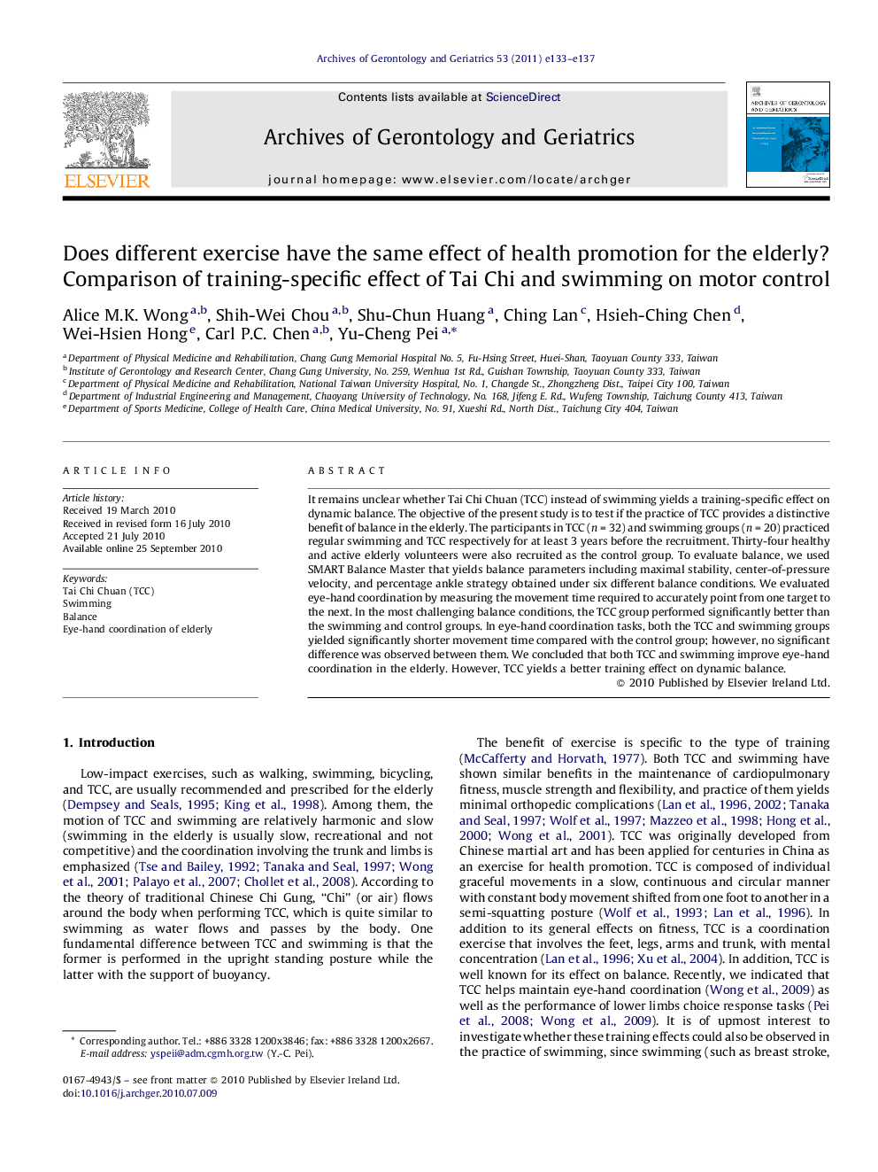 Does different exercise have the same effect of health promotion for the elderly? Comparison of training-specific effect of Tai Chi and swimming on motor control