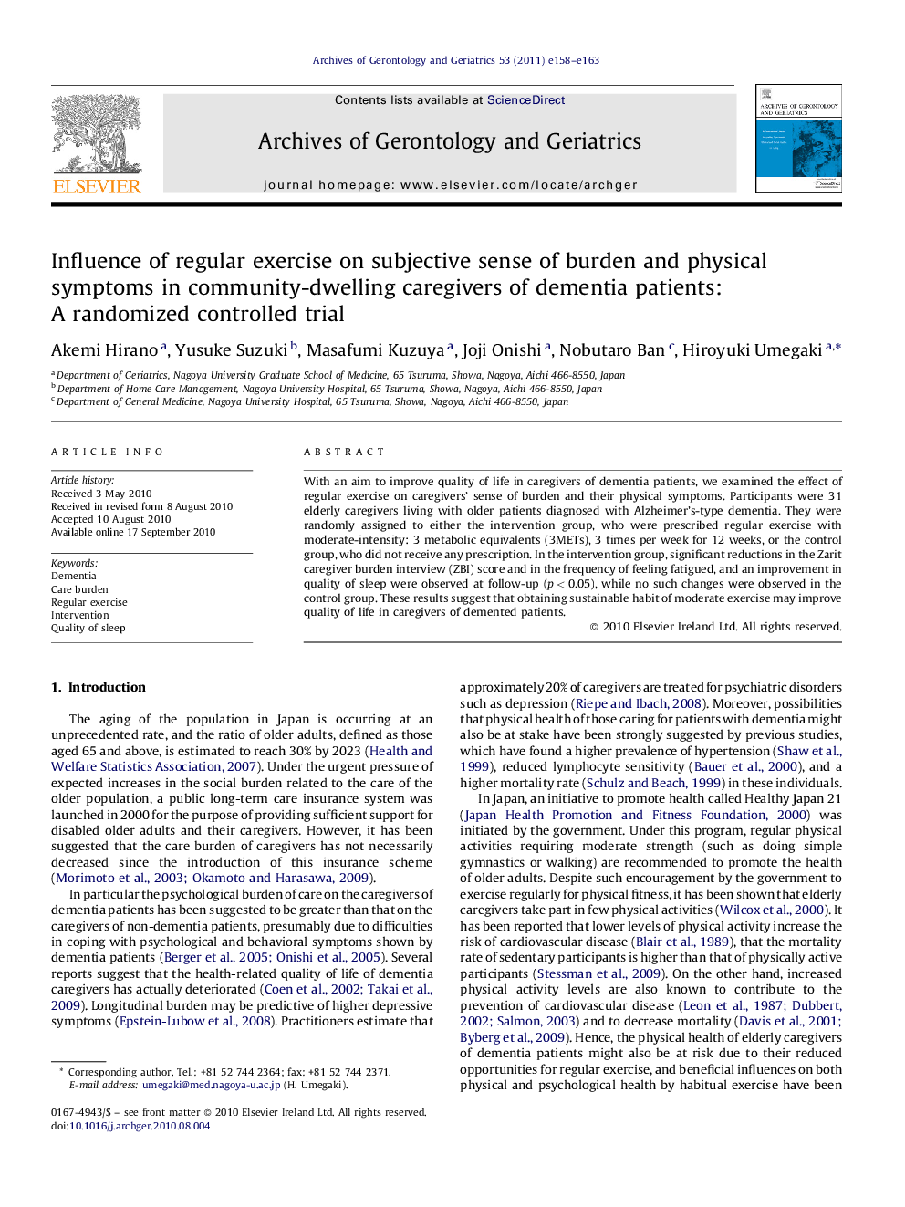 Influence of regular exercise on subjective sense of burden and physical symptoms in community-dwelling caregivers of dementia patients: A randomized controlled trial