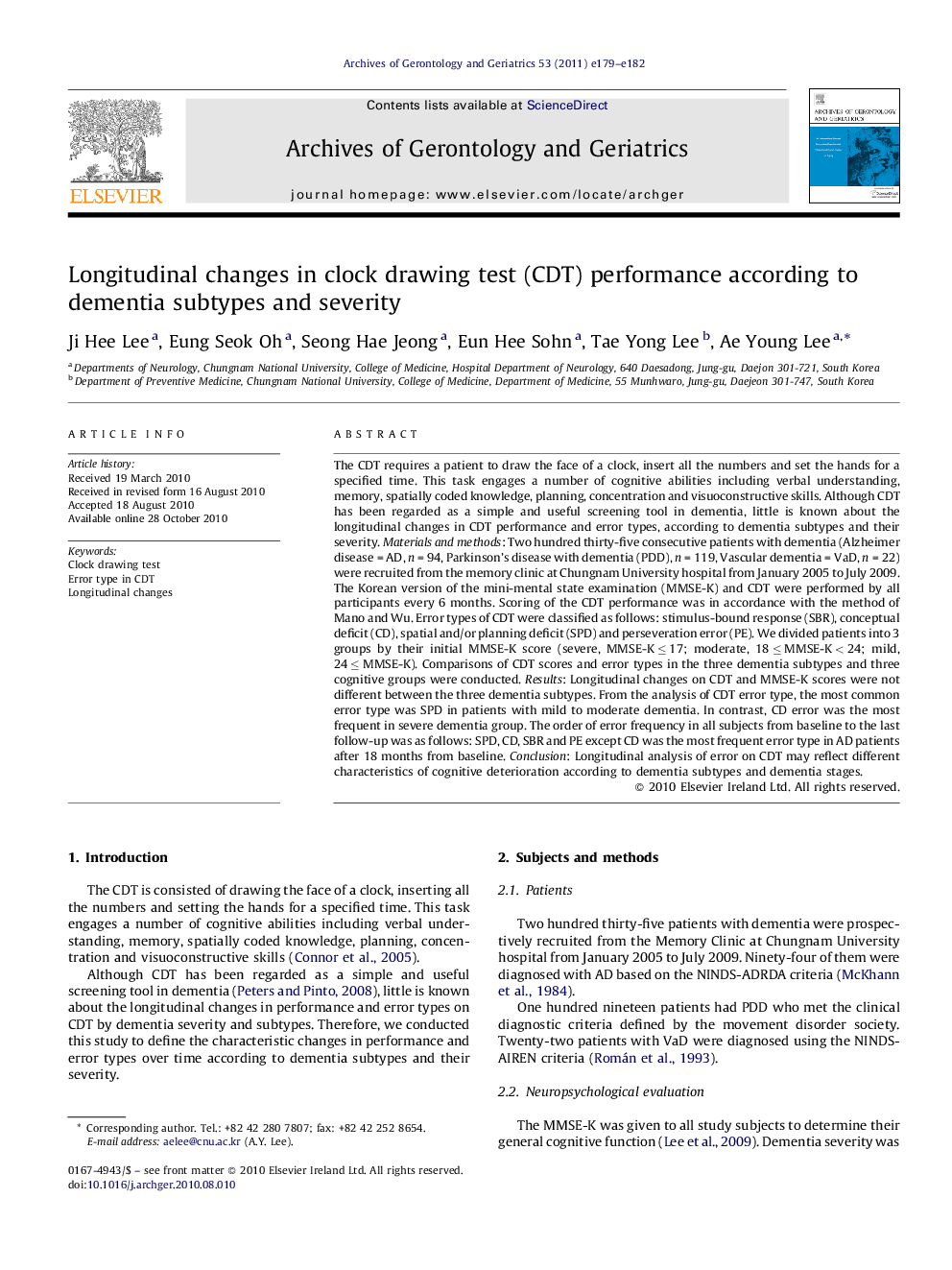 Longitudinal changes in clock drawing test (CDT) performance according to dementia subtypes and severity