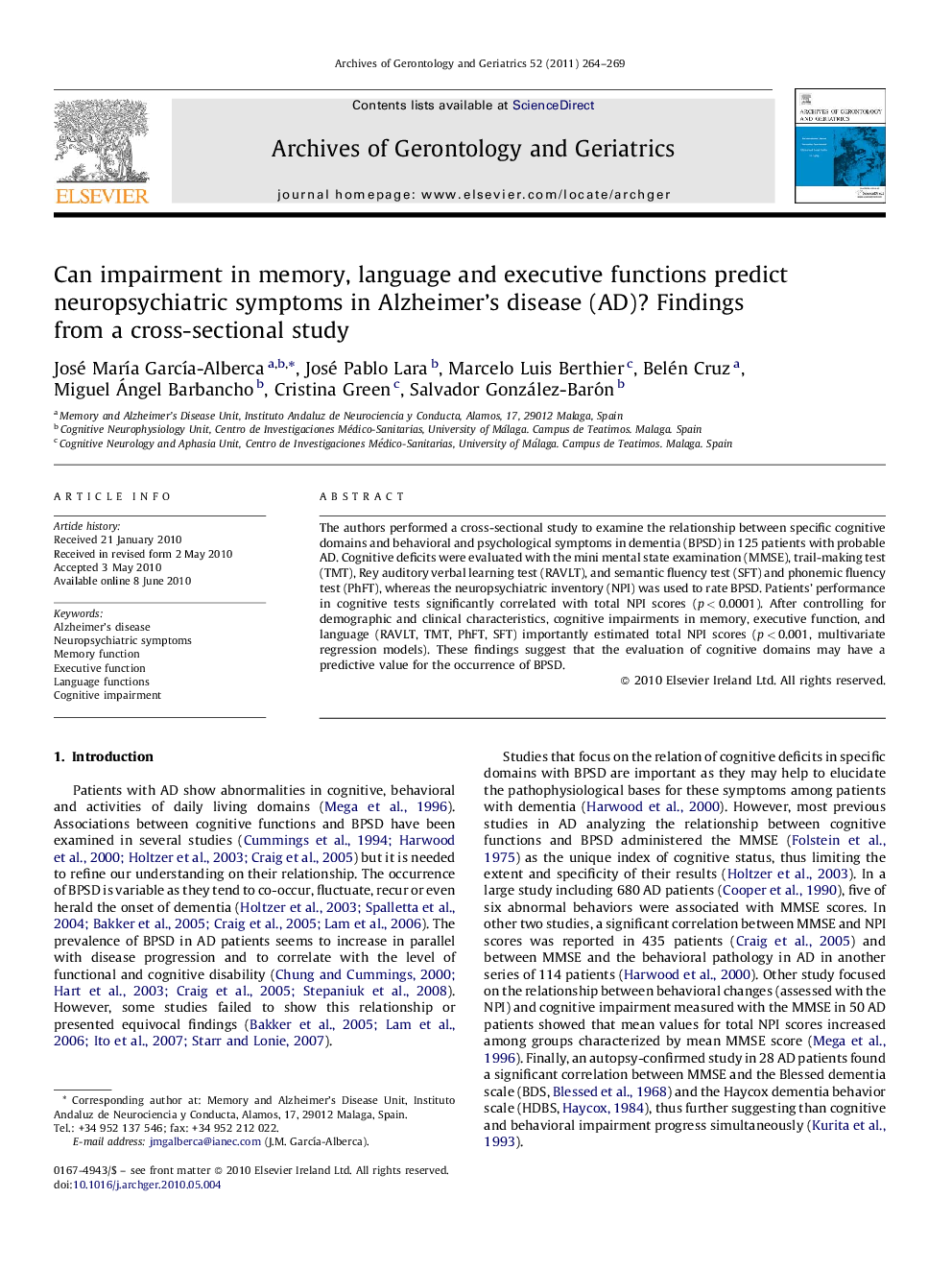 Can impairment in memory, language and executive functions predict neuropsychiatric symptoms in Alzheimer's disease (AD)? Findings from a cross-sectional study