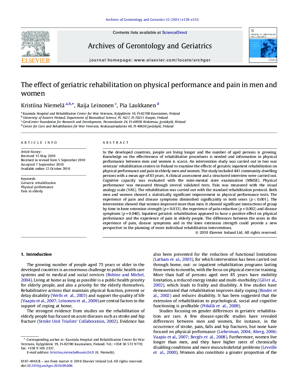 The effect of geriatric rehabilitation on physical performance and pain in men and women