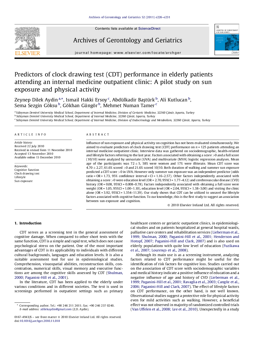 Predictors of clock drawing test (CDT) performance in elderly patients attending an internal medicine outpatient clinic: A pilot study on sun exposure and physical activity