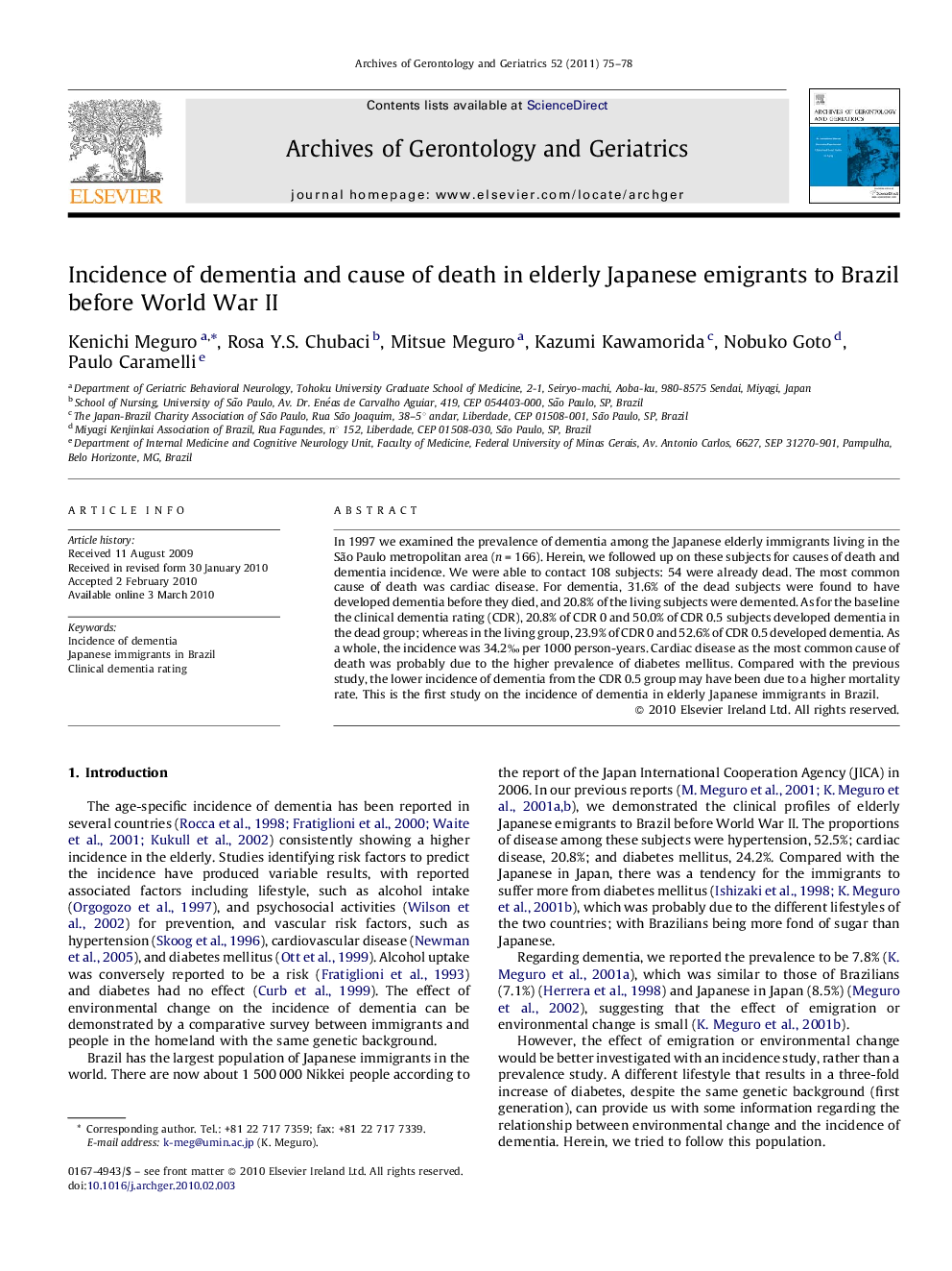 Incidence of dementia and cause of death in elderly Japanese emigrants to Brazil before World War II