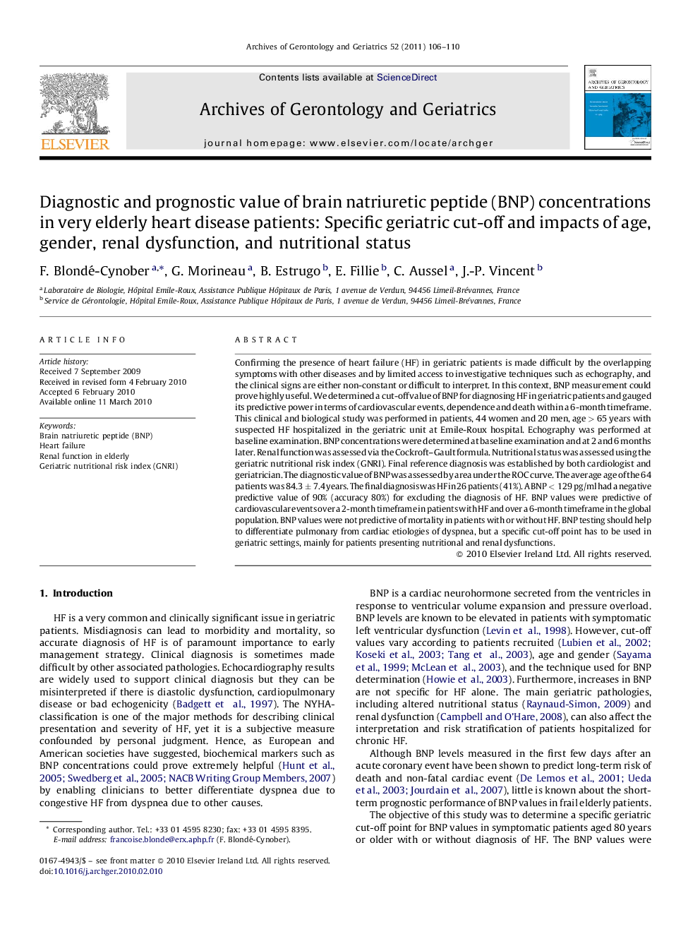 Diagnostic and prognostic value of brain natriuretic peptide (BNP) concentrations in very elderly heart disease patients: Specific geriatric cut-off and impacts of age, gender, renal dysfunction, and nutritional status