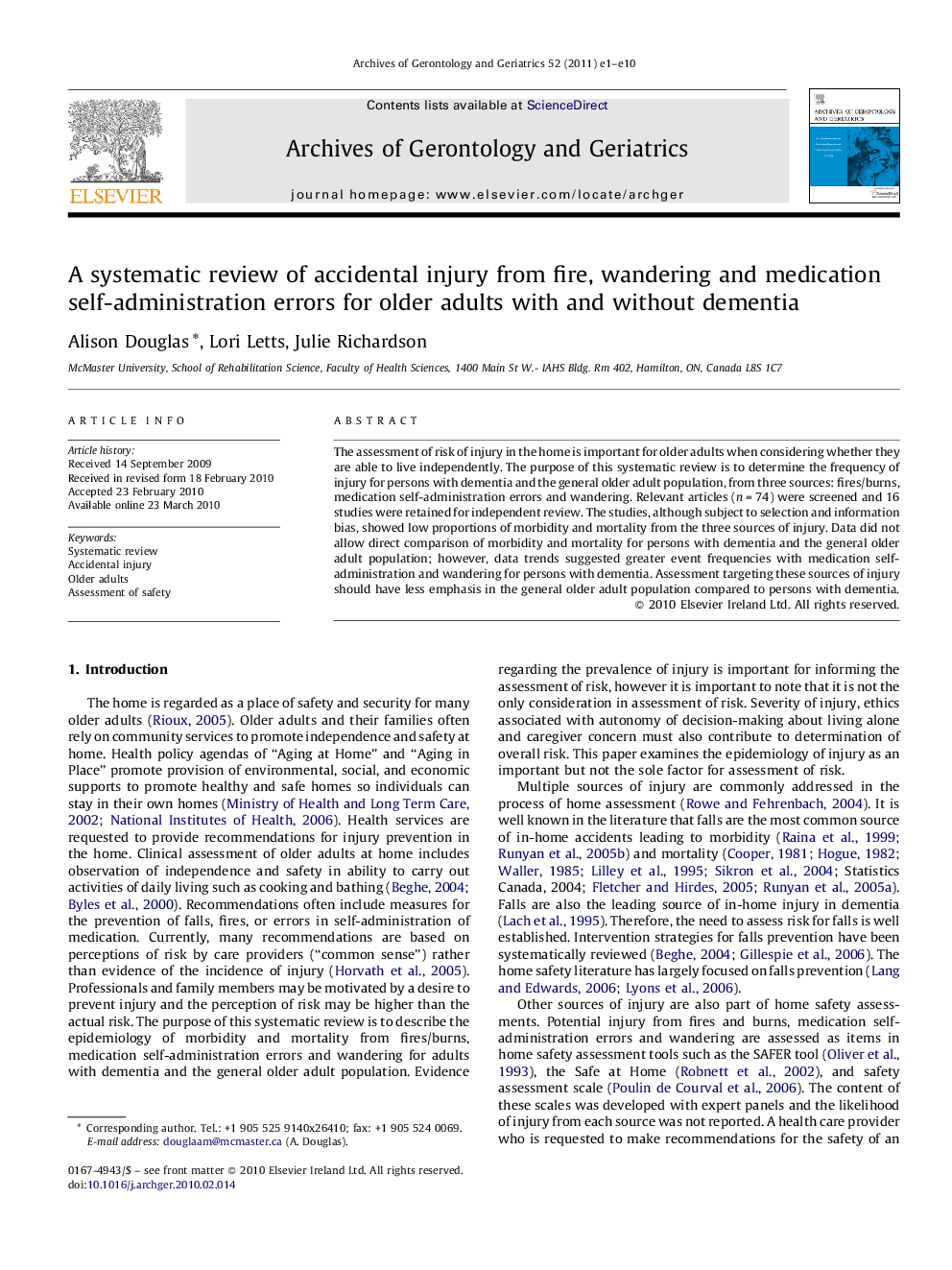 A systematic review of accidental injury from fire, wandering and medication self-administration errors for older adults with and without dementia