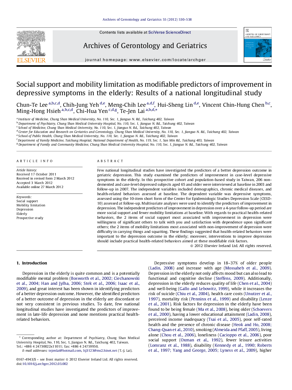 Social support and mobility limitation as modifiable predictors of improvement in depressive symptoms in the elderly: Results of a national longitudinal study