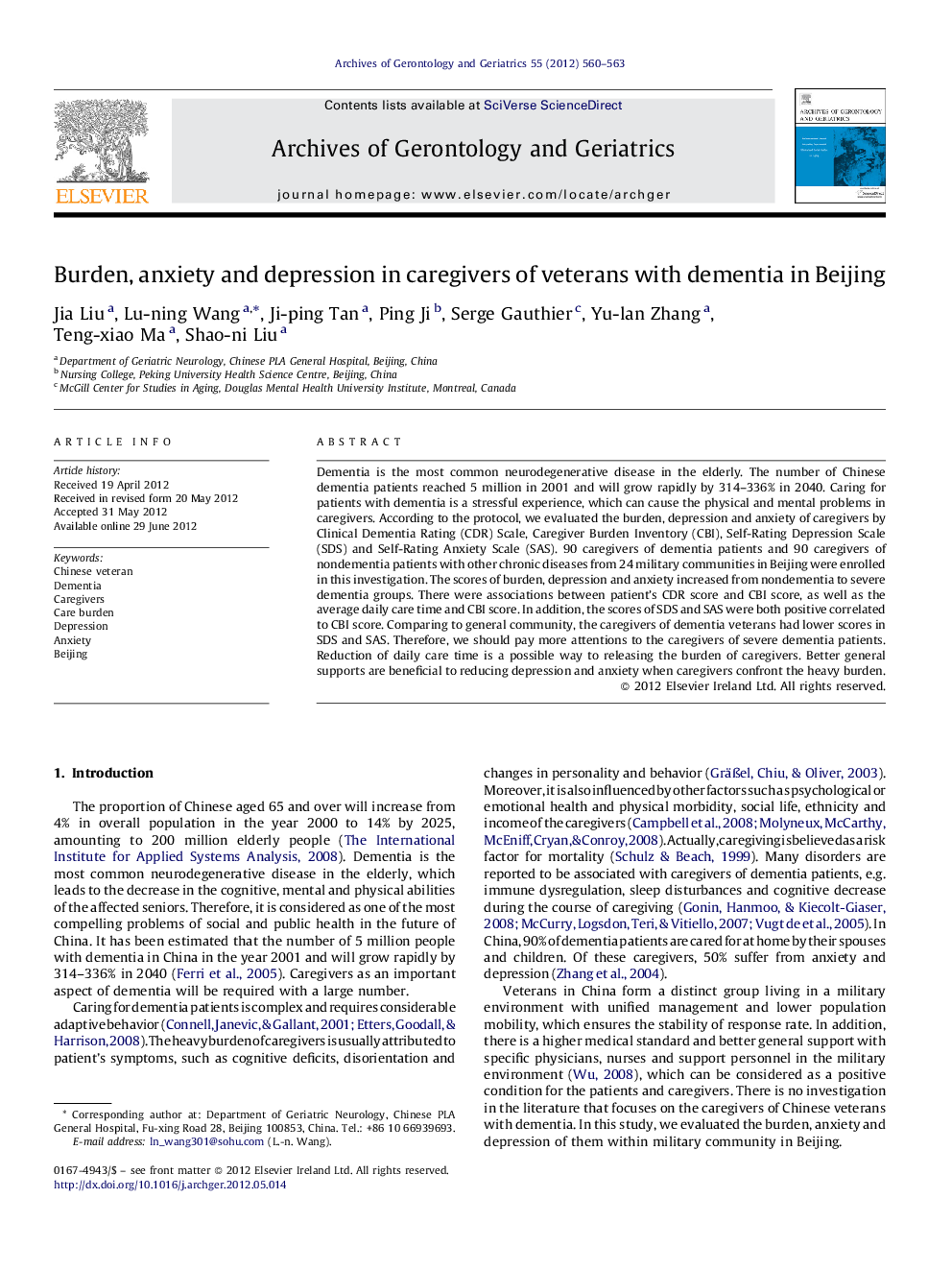 Burden, anxiety and depression in caregivers of veterans with dementia in Beijing