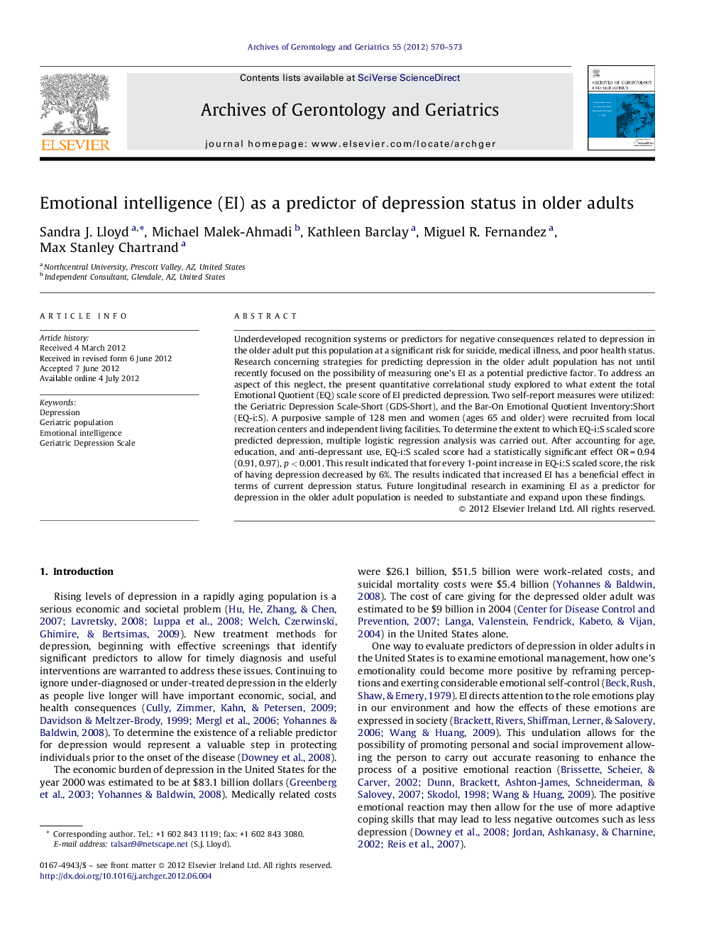 Emotional intelligence (EI) as a predictor of depression status in older adults