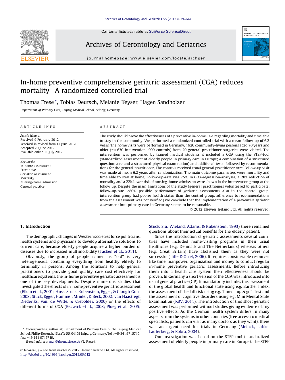 In-home preventive comprehensive geriatric assessment (CGA) reduces mortality—A randomized controlled trial