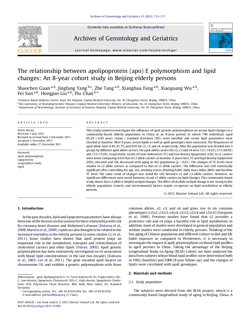 The relationship between apolipoprotein (apo) E polymorphism and lipid changes: An 8-year cohort study in Beijing elderly persons